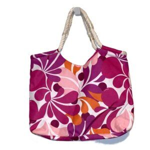 CLINIQUE Tropical Floral Beach Pool Bag Nautical Rope Handles 15 x 14 x 3 inches